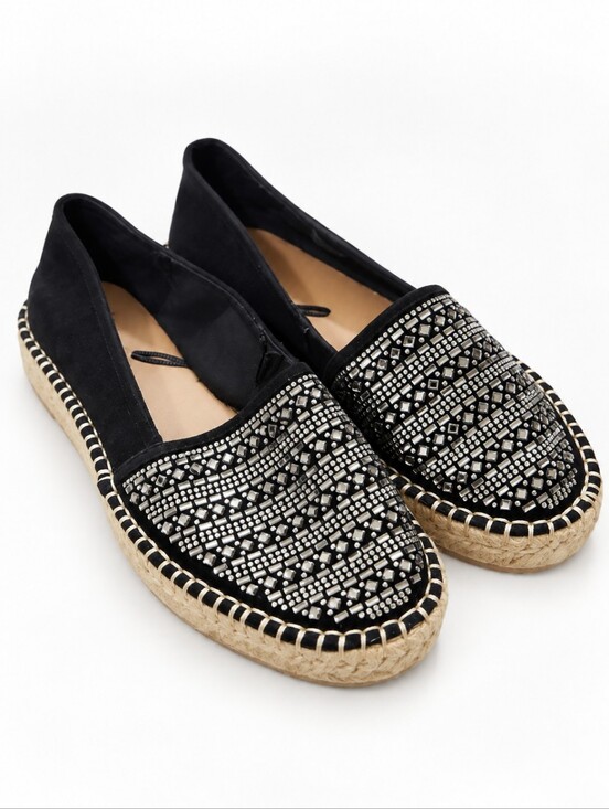 Express Shoes - EUC Express women's rhinestone beeded  flats platform Espadrilles, Black, 6